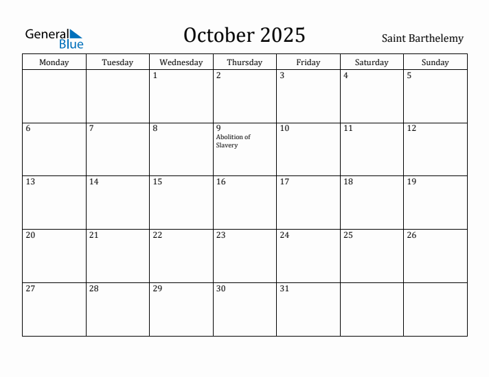 October 2025 Calendar Saint Barthelemy