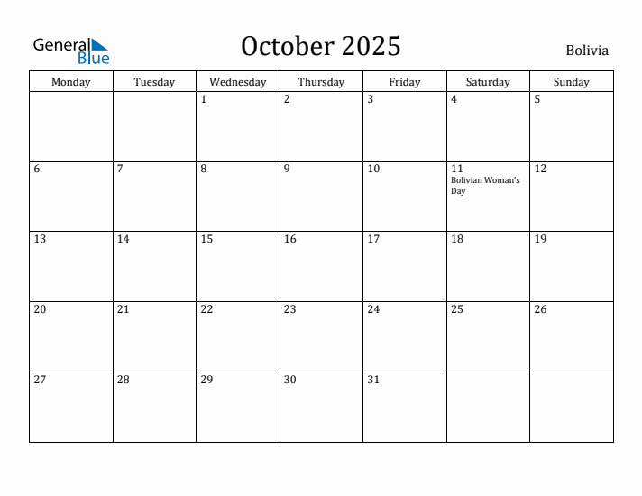 October 2025 Calendar Bolivia