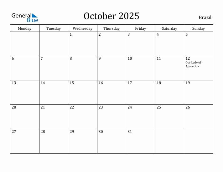 October 2025 Calendar Brazil