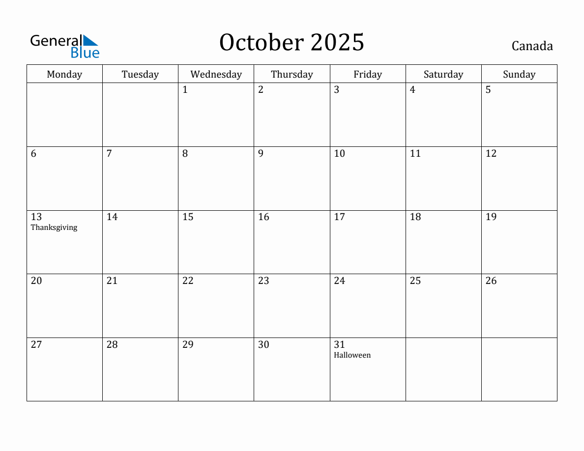 October 2025 Canada Monthly Calendar with Holidays