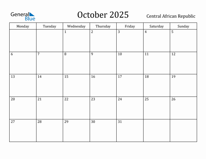 October 2025 Calendar Central African Republic