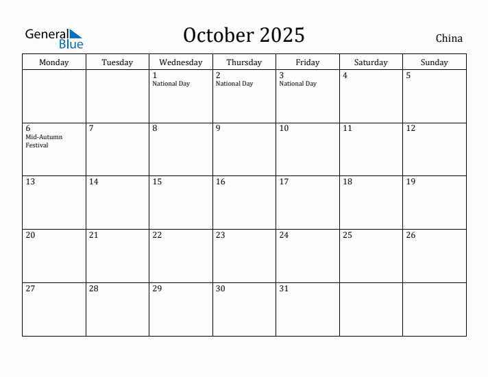 October 2025 Calendar China