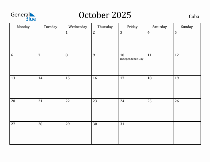 October 2025 Calendar Cuba