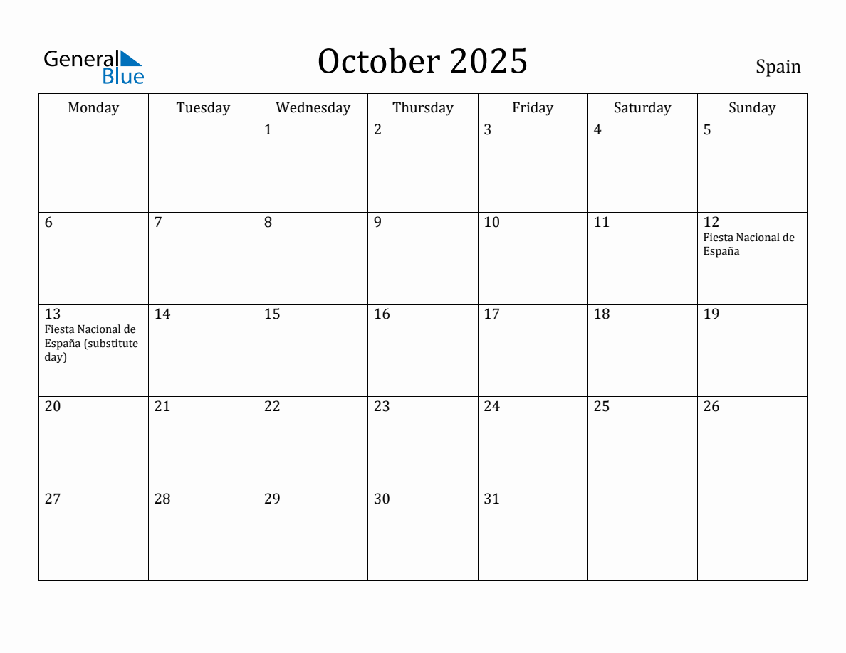 October 2025 Spain Monthly Calendar with Holidays