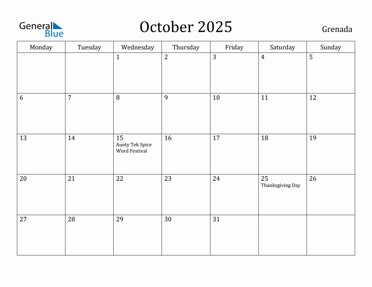 October 2025 Grenada Monthly Calendar with Holidays