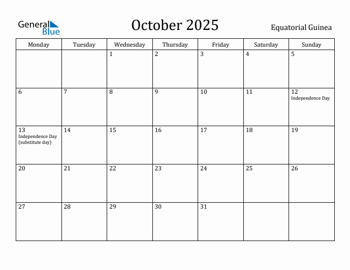 October 2025 Calendar Equatorial Guinea