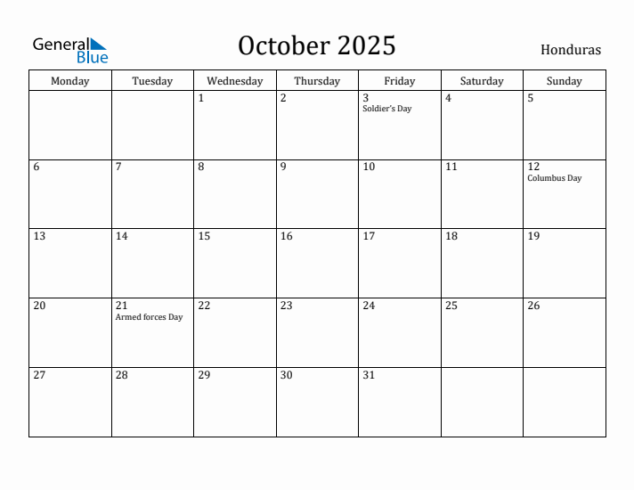 October 2025 Calendar Honduras