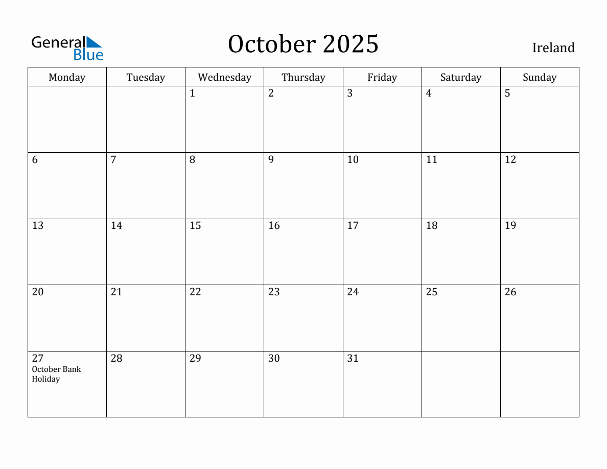 October 2025 Ireland Monthly Calendar with Holidays