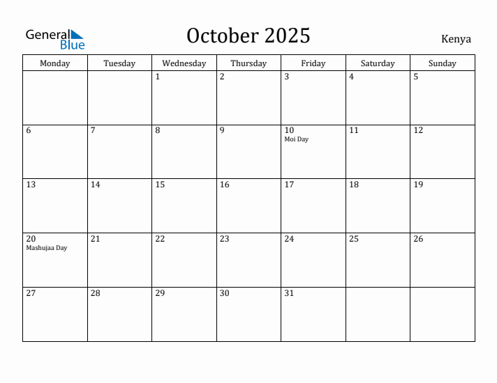 October 2025 Calendar Kenya