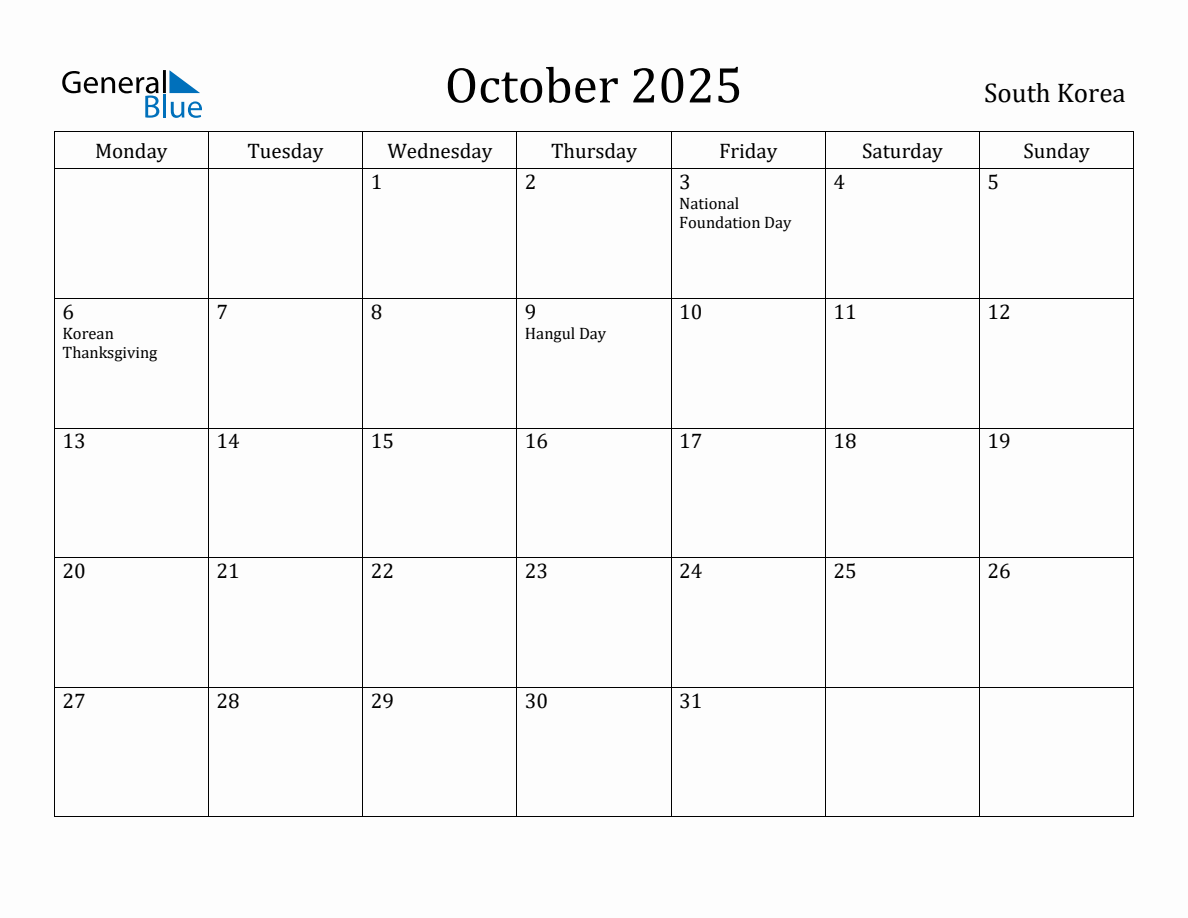 October 2025 South Korea Monthly Calendar with Holidays