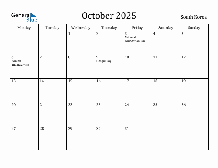 October 2025 Calendar South Korea