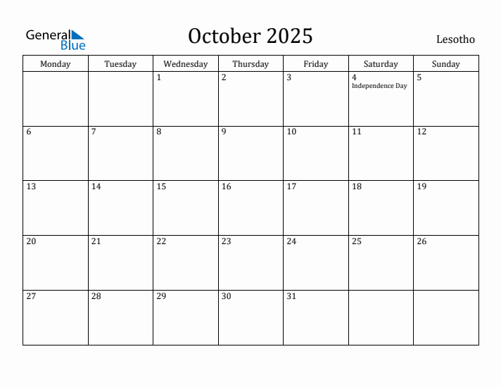 October 2025 Calendar Lesotho