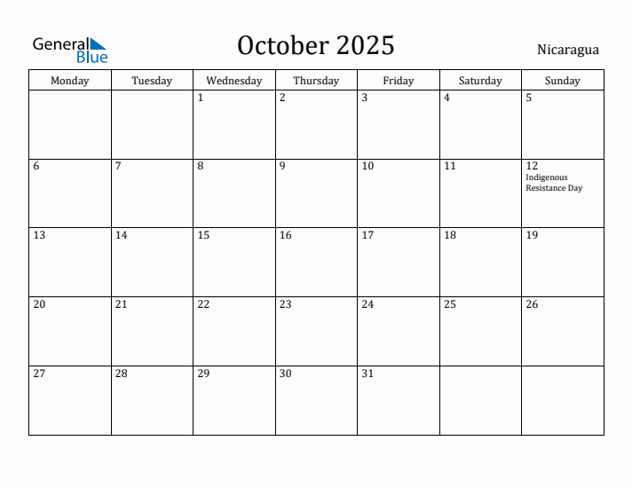 October 2025 Calendar Nicaragua