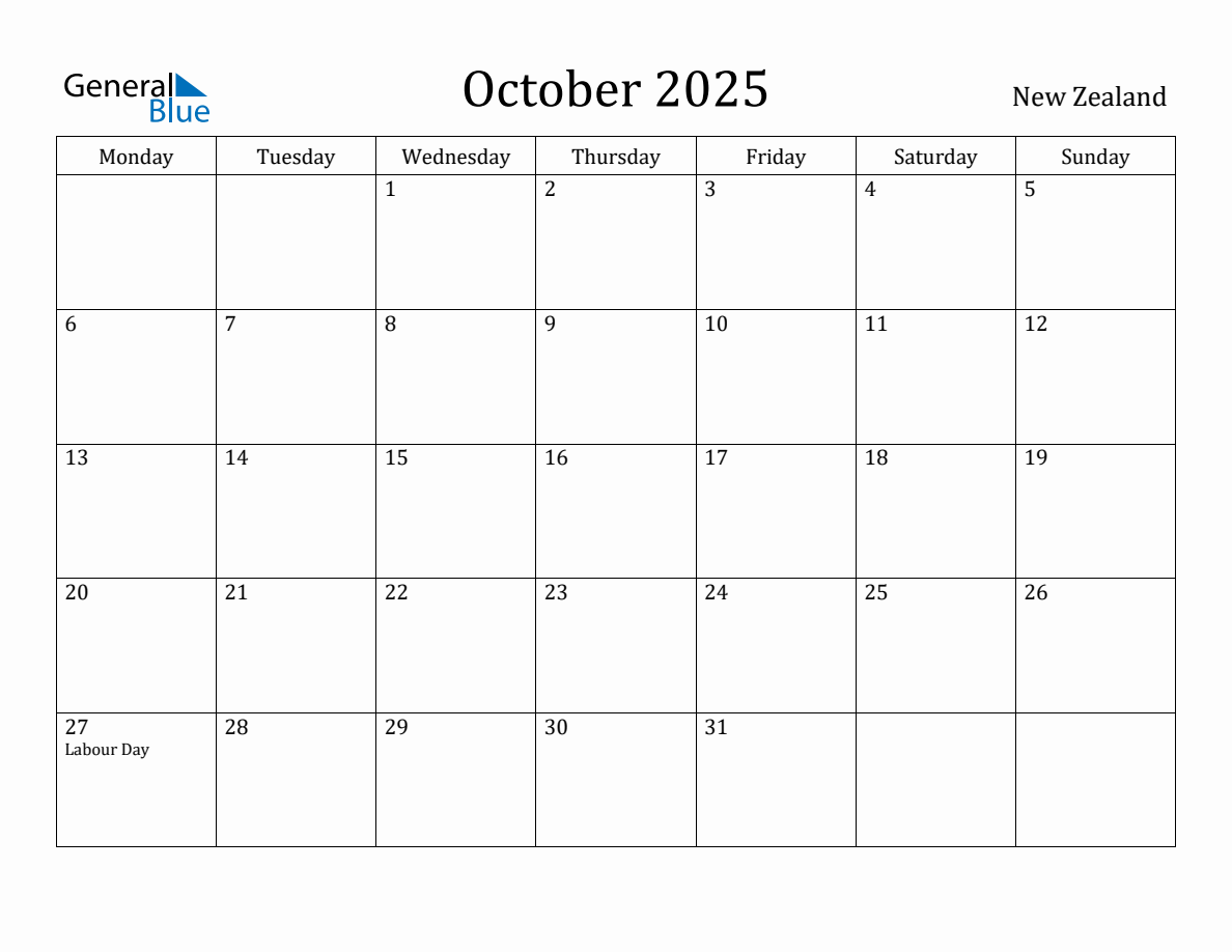 October 2025 New Zealand Monthly Calendar with Holidays