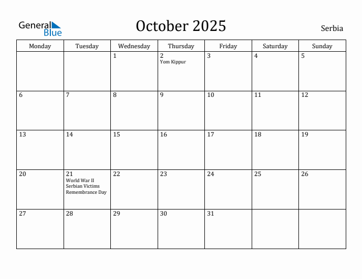 October 2025 Calendar Serbia
