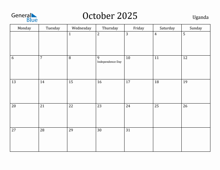 October 2025 Calendar Uganda