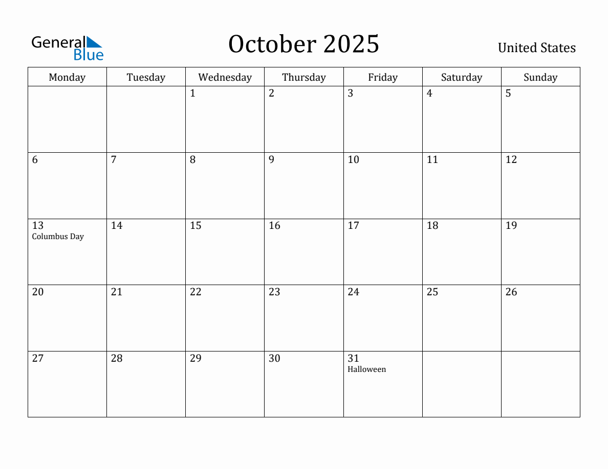 October 2025 United States Monthly Calendar with Holidays