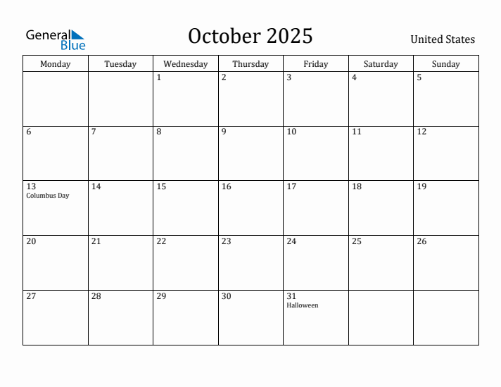 October 2025 Calendar United States