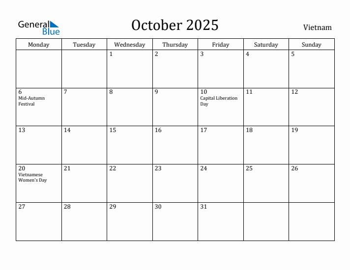 October 2025 Calendar Vietnam
