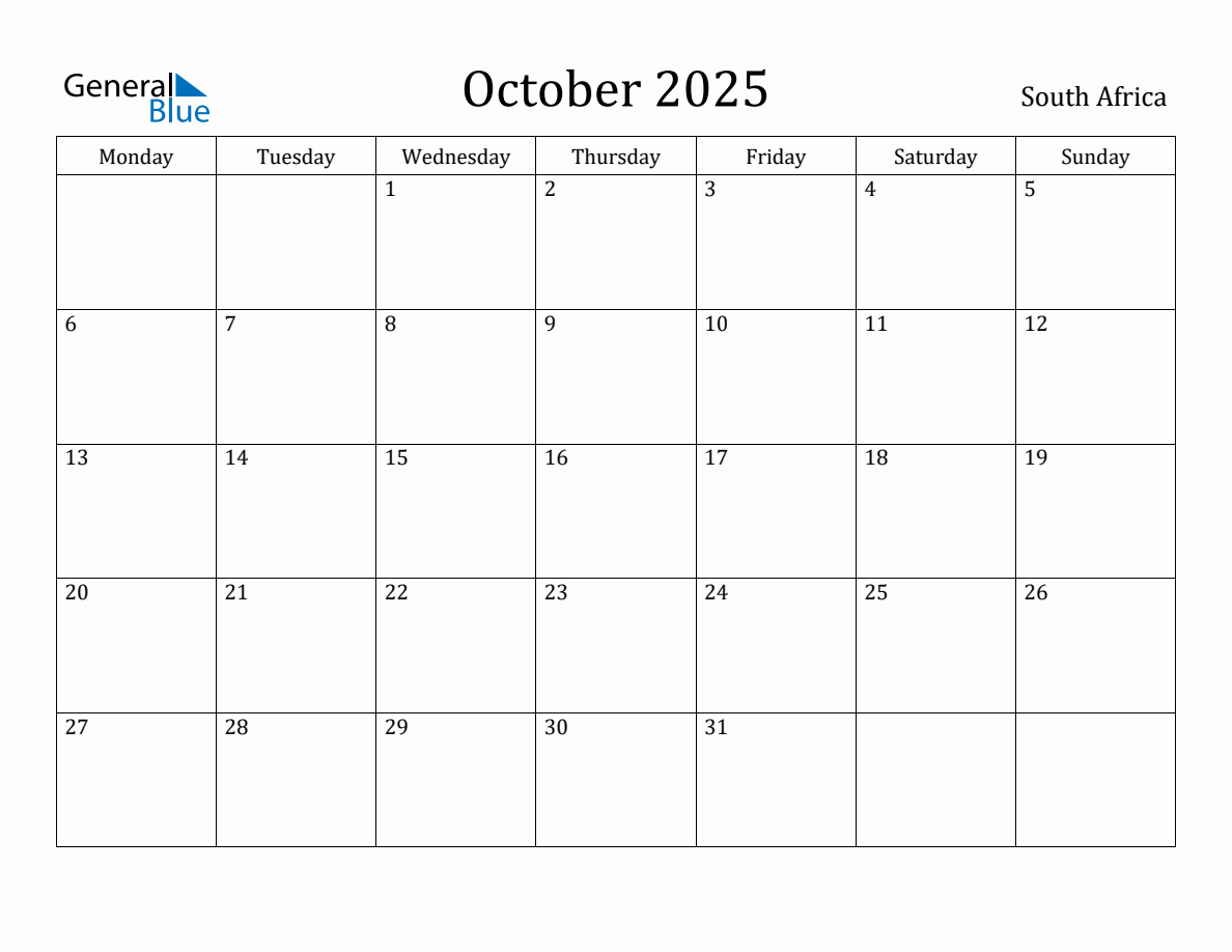 October 2025 South Africa Monthly Calendar with Holidays