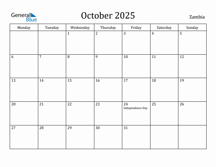 October 2025 Calendar Zambia