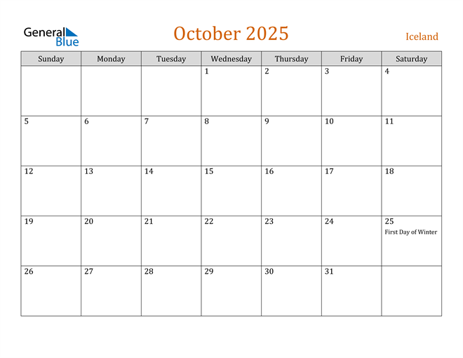 Iceland October 2025 Calendar with Holidays