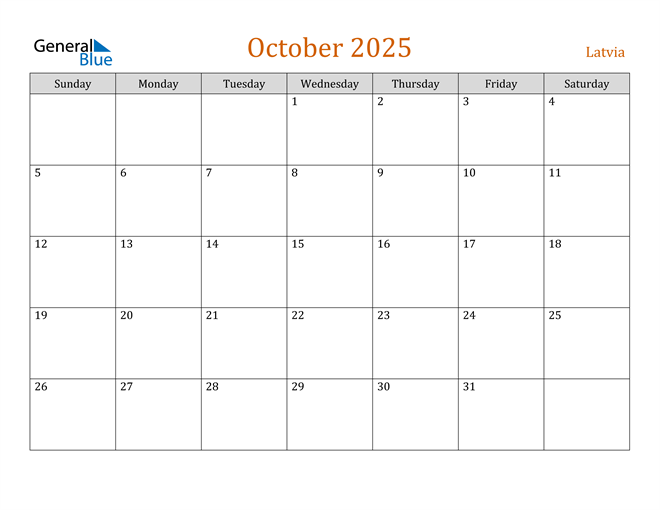 Latvia October 2025 Calendar with Holidays