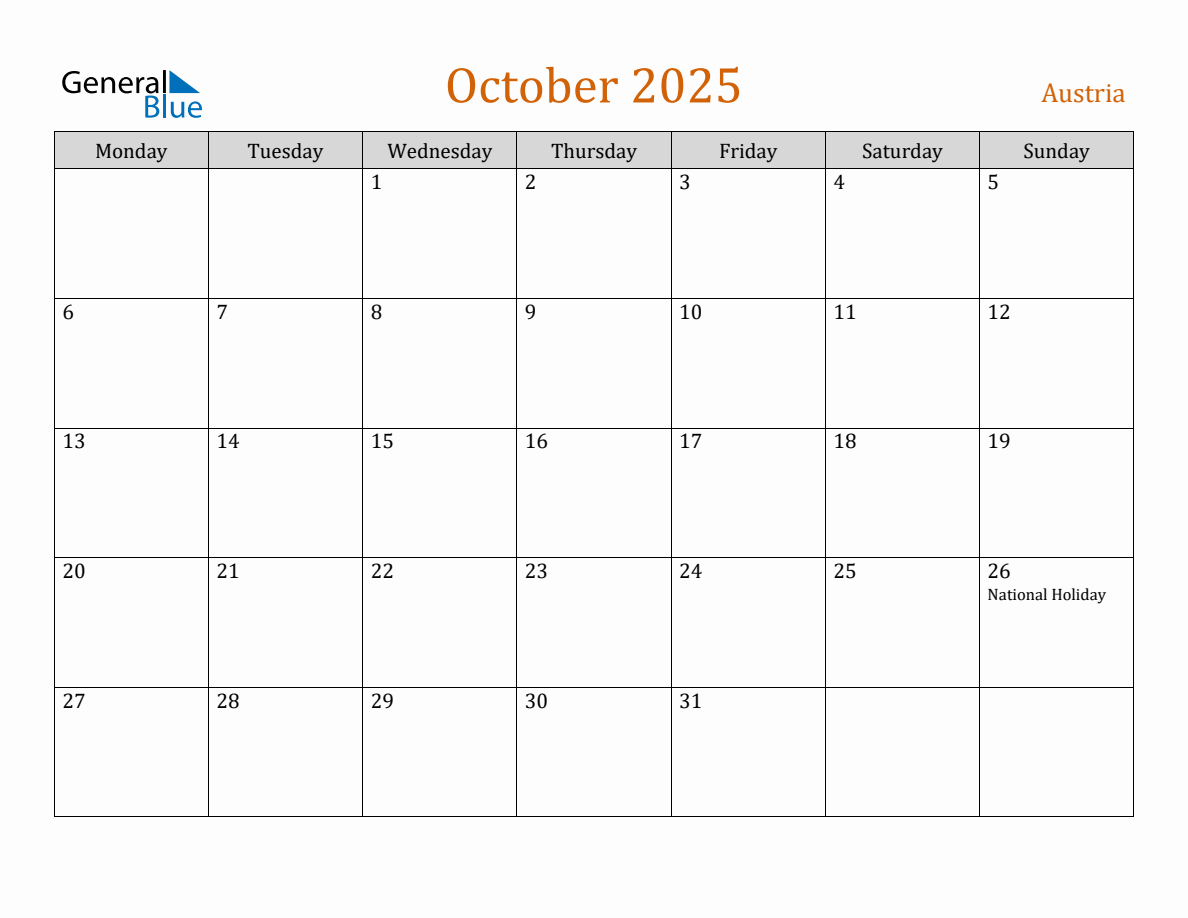 Free October 2025 Austria Calendar