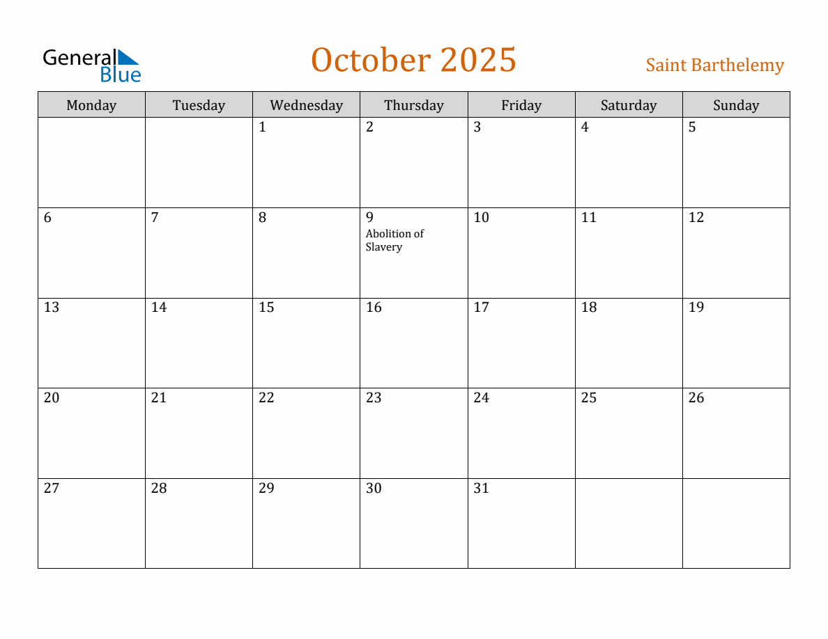 Free October 2025 Saint Barthelemy Calendar