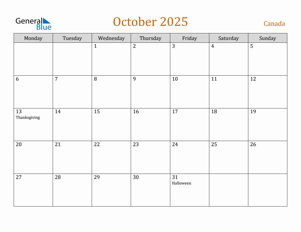 Free October 2025 Canada Calendar