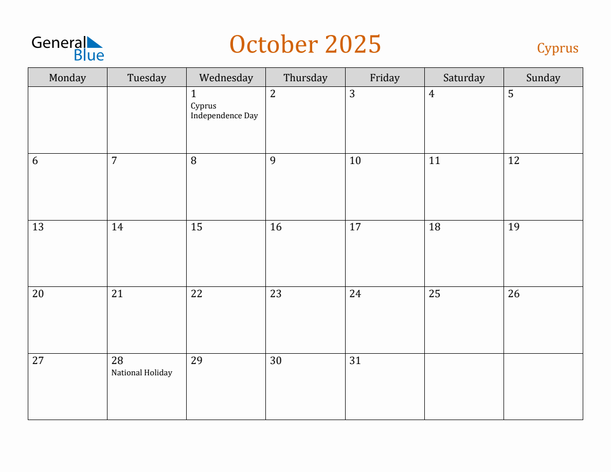 Free October 2025 Cyprus Calendar