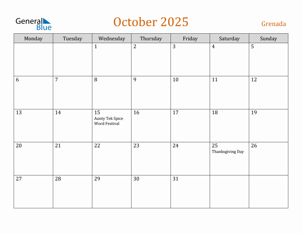 Free October 2025 Grenada Calendar