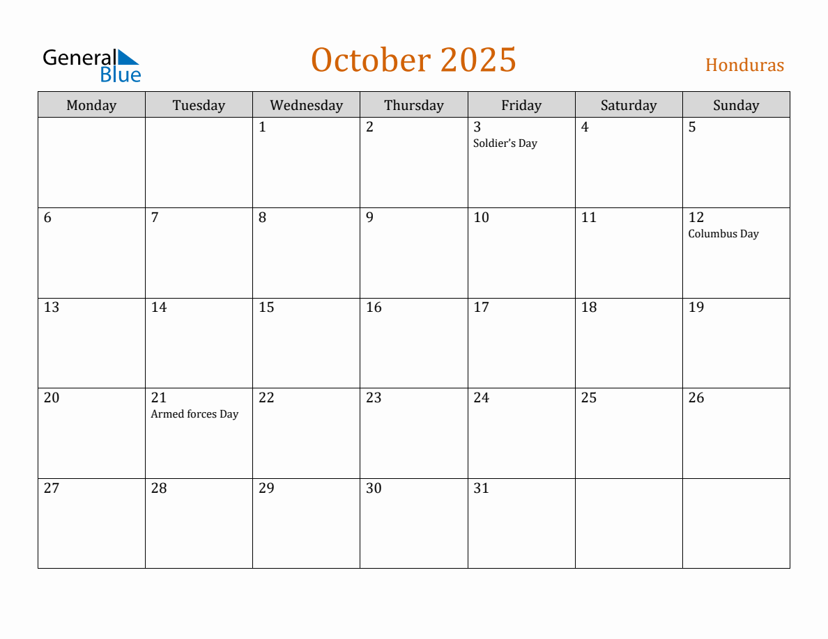 Free October 2025 Honduras Calendar