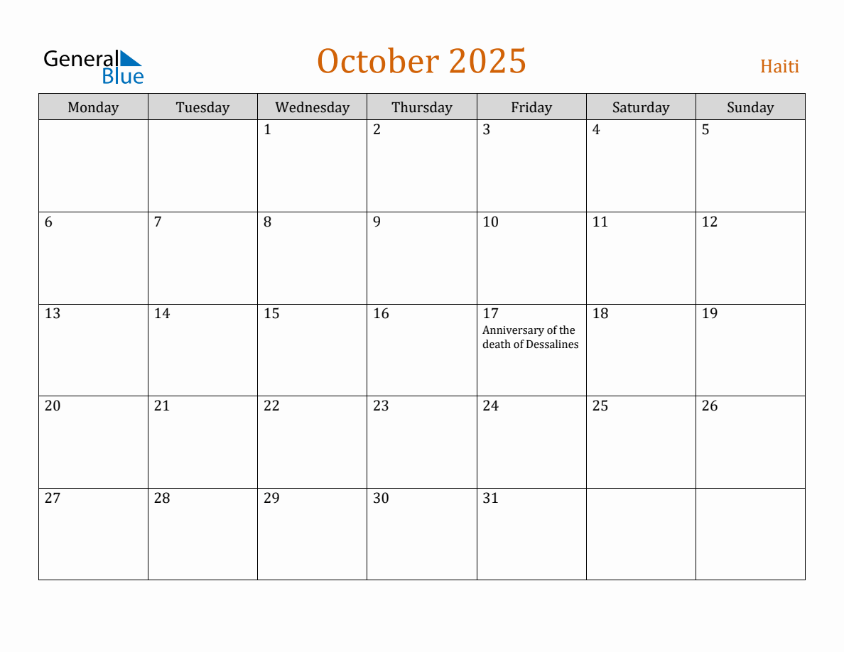 Free October 2025 Haiti Calendar