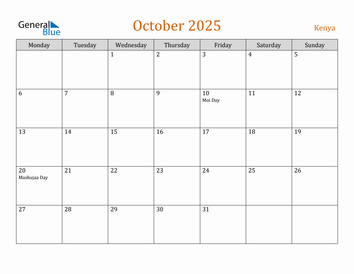 Free October 2025 Kenya Calendar