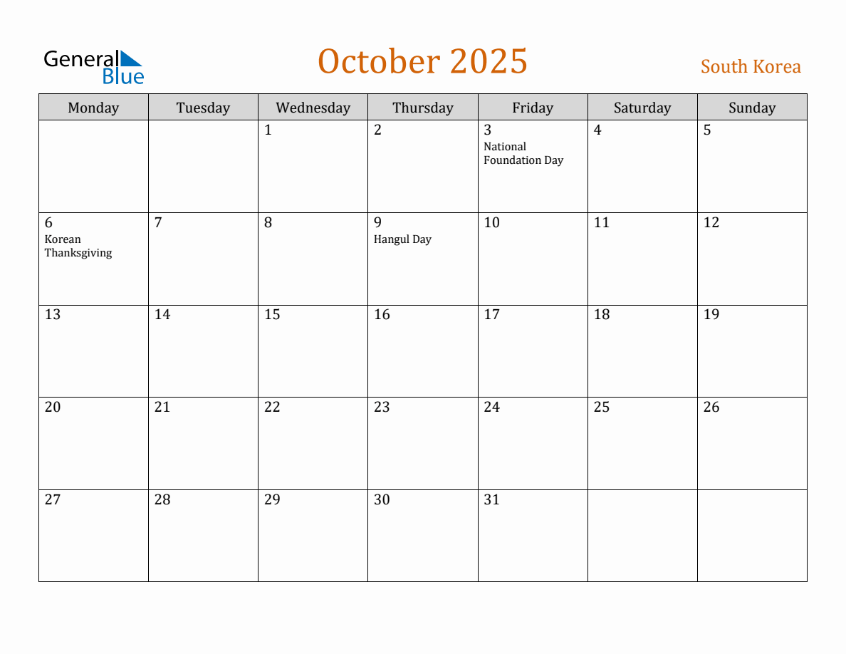 Free October 2025 South Korea Calendar