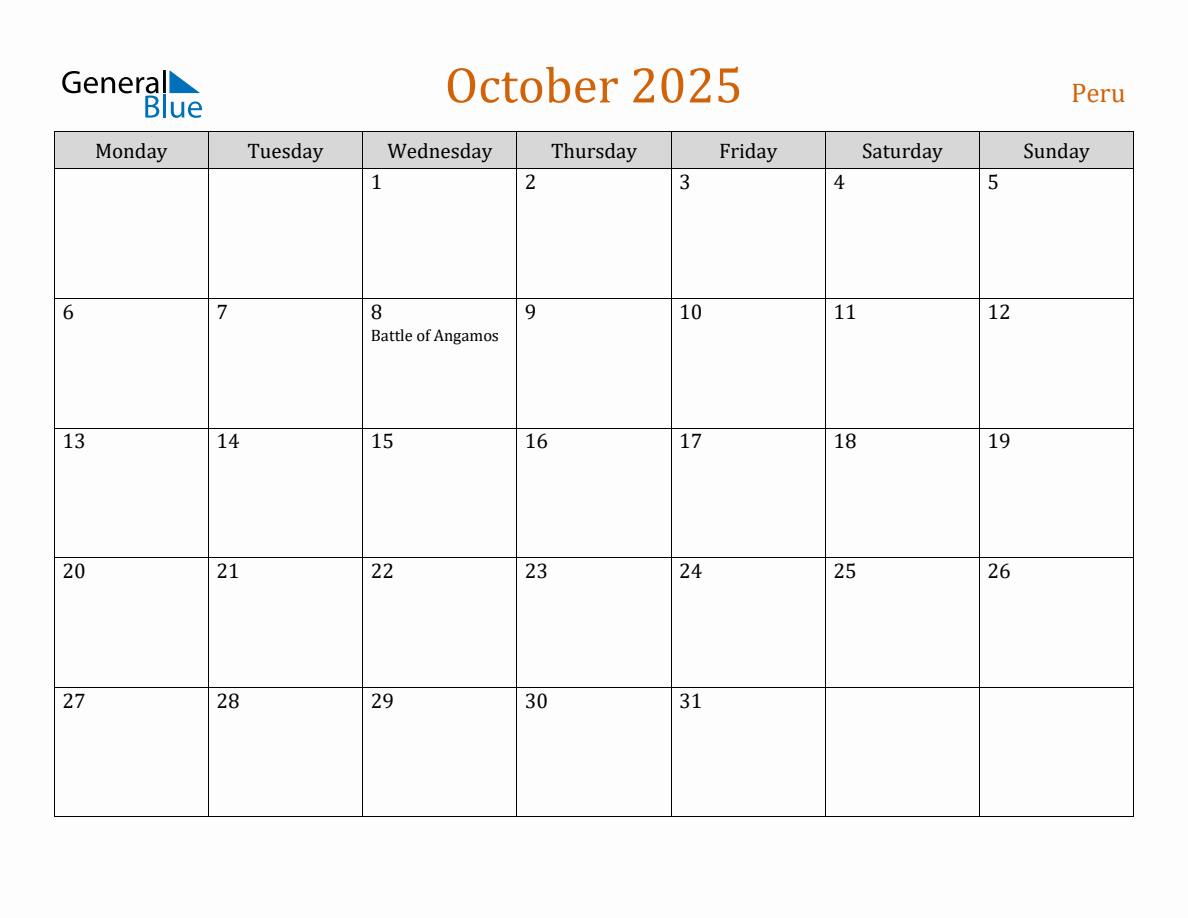 Free October 2025 Peru Calendar