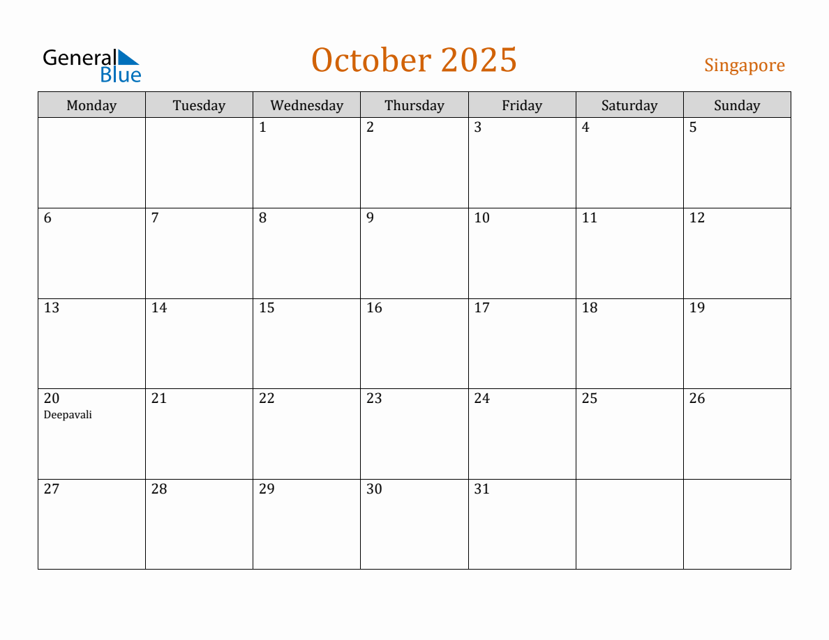 Free October 2025 Singapore Calendar