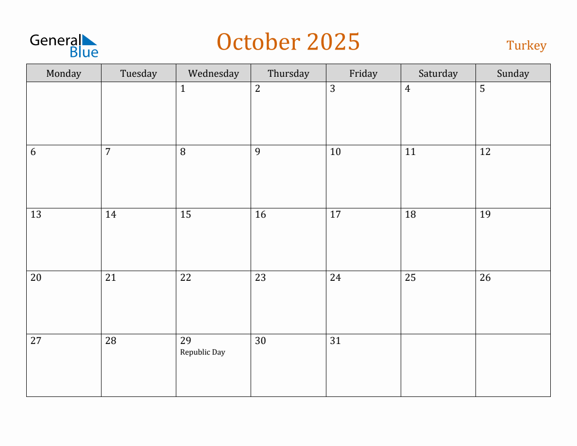 Free October 2025 Turkey Calendar