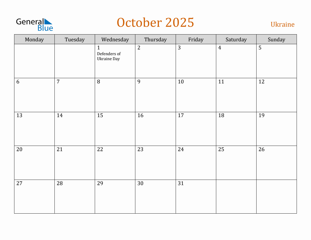 Free October 2025 Ukraine Calendar