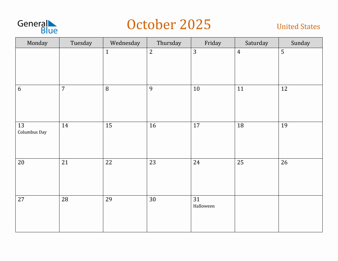 Free October 2025 United States Calendar