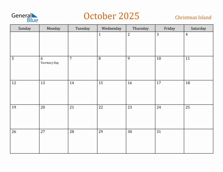 Free October 2025 Christmas Island Calendar