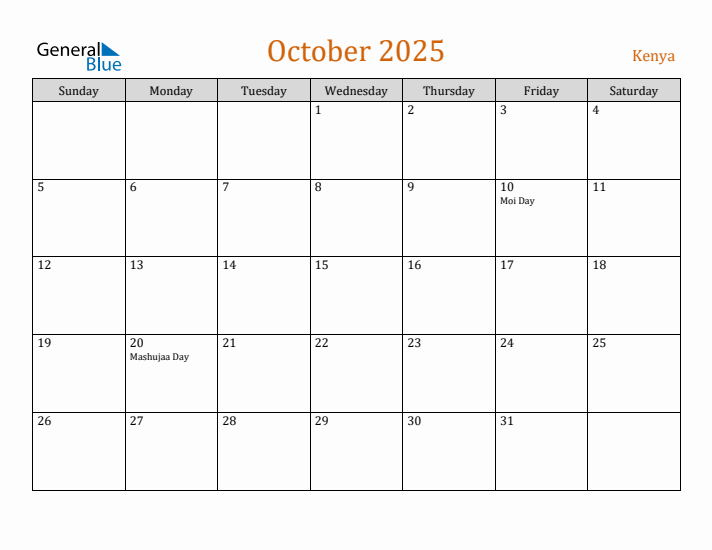 October 2025 Monthly Calendar with Kenya Holidays