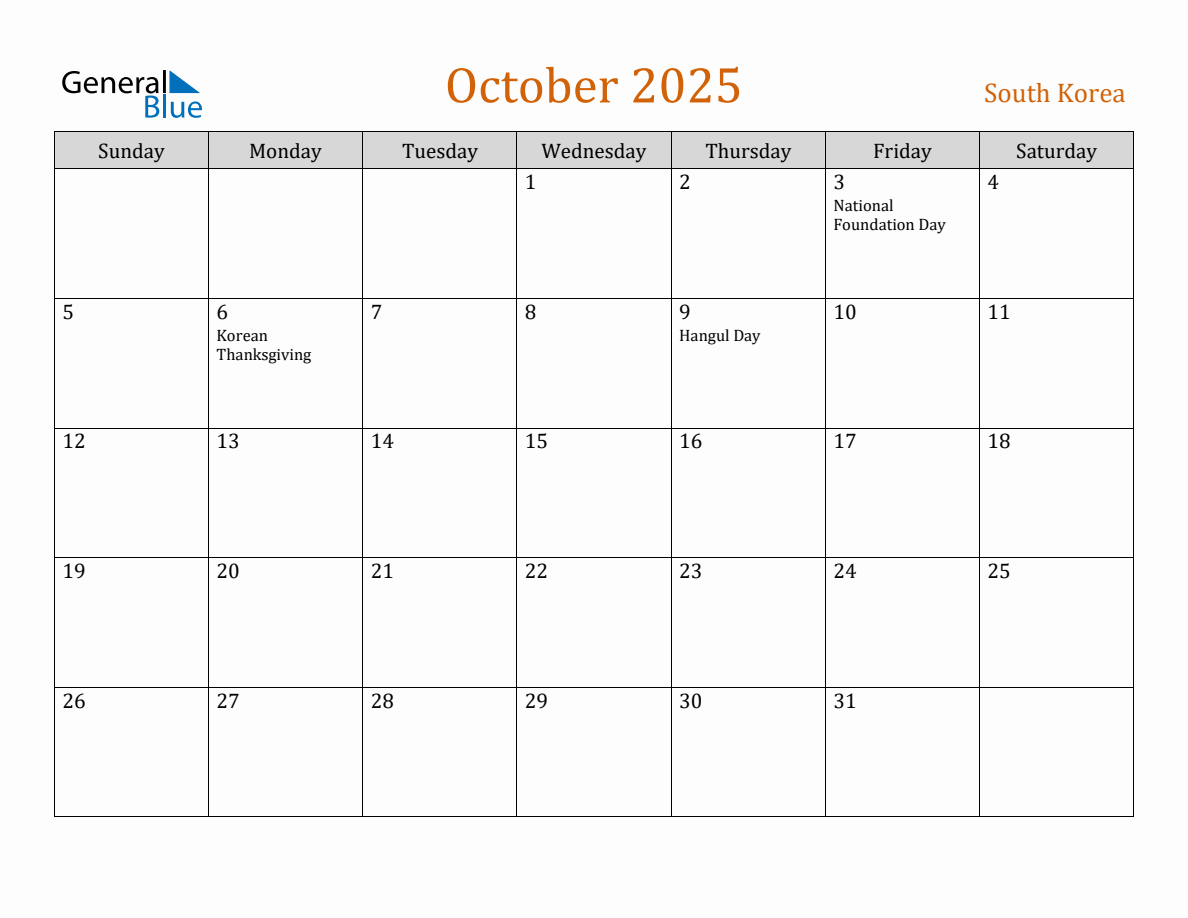 Free October 2025 South Korea Calendar