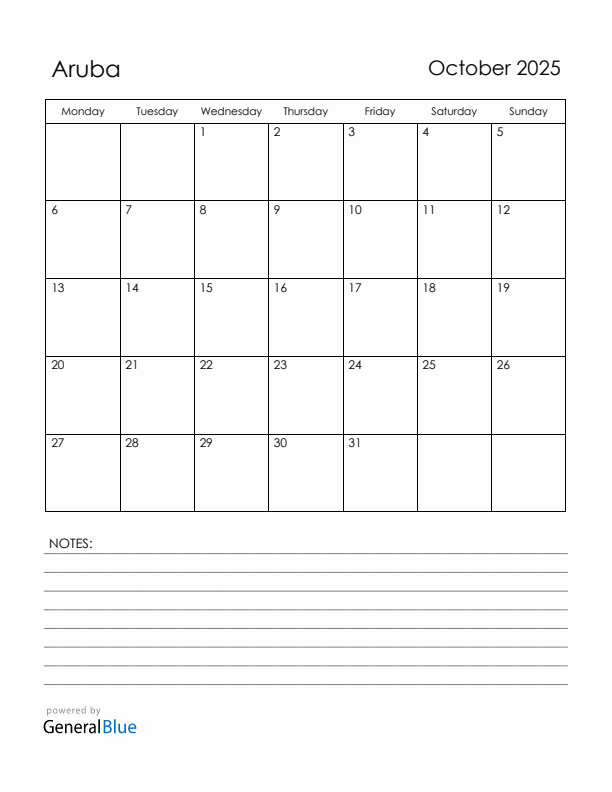 October 2025 Aruba Calendar with Holidays (Monday Start)