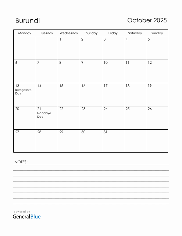 October 2025 Burundi Calendar with Holidays (Monday Start)