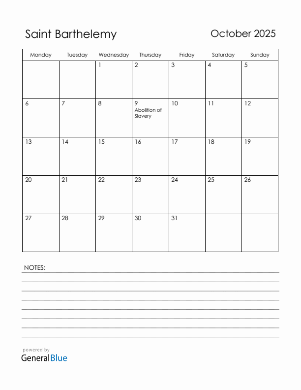 October 2025 Saint Barthelemy Calendar with Holidays (Monday Start)