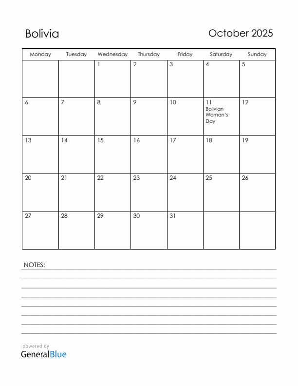 October 2025 Bolivia Calendar with Holidays (Monday Start)