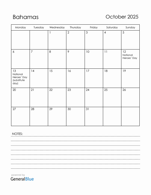 October 2025 Bahamas Calendar with Holidays (Monday Start)