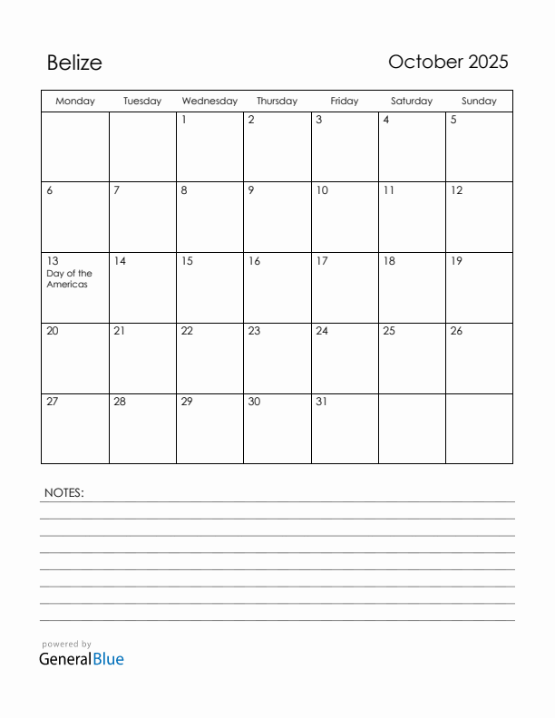 October 2025 Belize Calendar with Holidays (Monday Start)